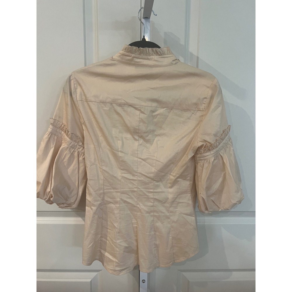 Vtg Bebe Women Ivory Ruffle High Neck Puff Sleeve Button Down Blouse Small - Picture 6 of 9